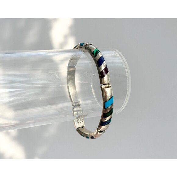 Taxco Turquoise Lapis Onyx, Malachite Vintage Hinged Mexican Sterling Bracelet - Picture 7 of 7